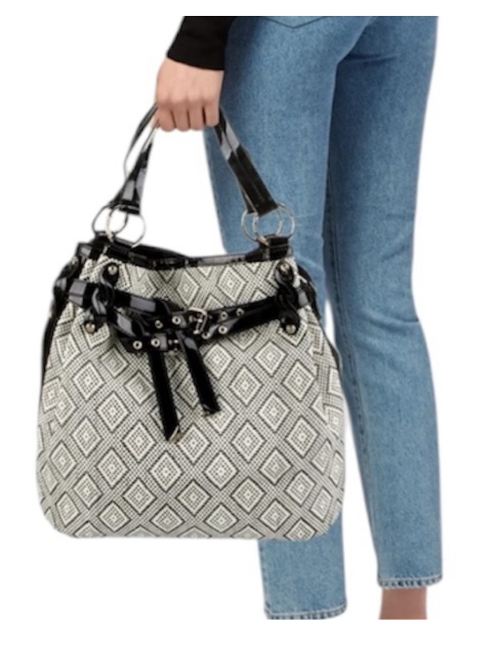 Francisco Biasia Straw Bucket Bag Black and White Weaved Large Bag Purse